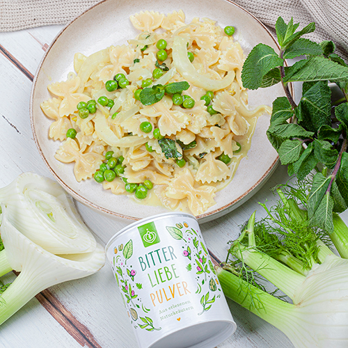 Pasta mit Erbsen Minze und Bitterpulver