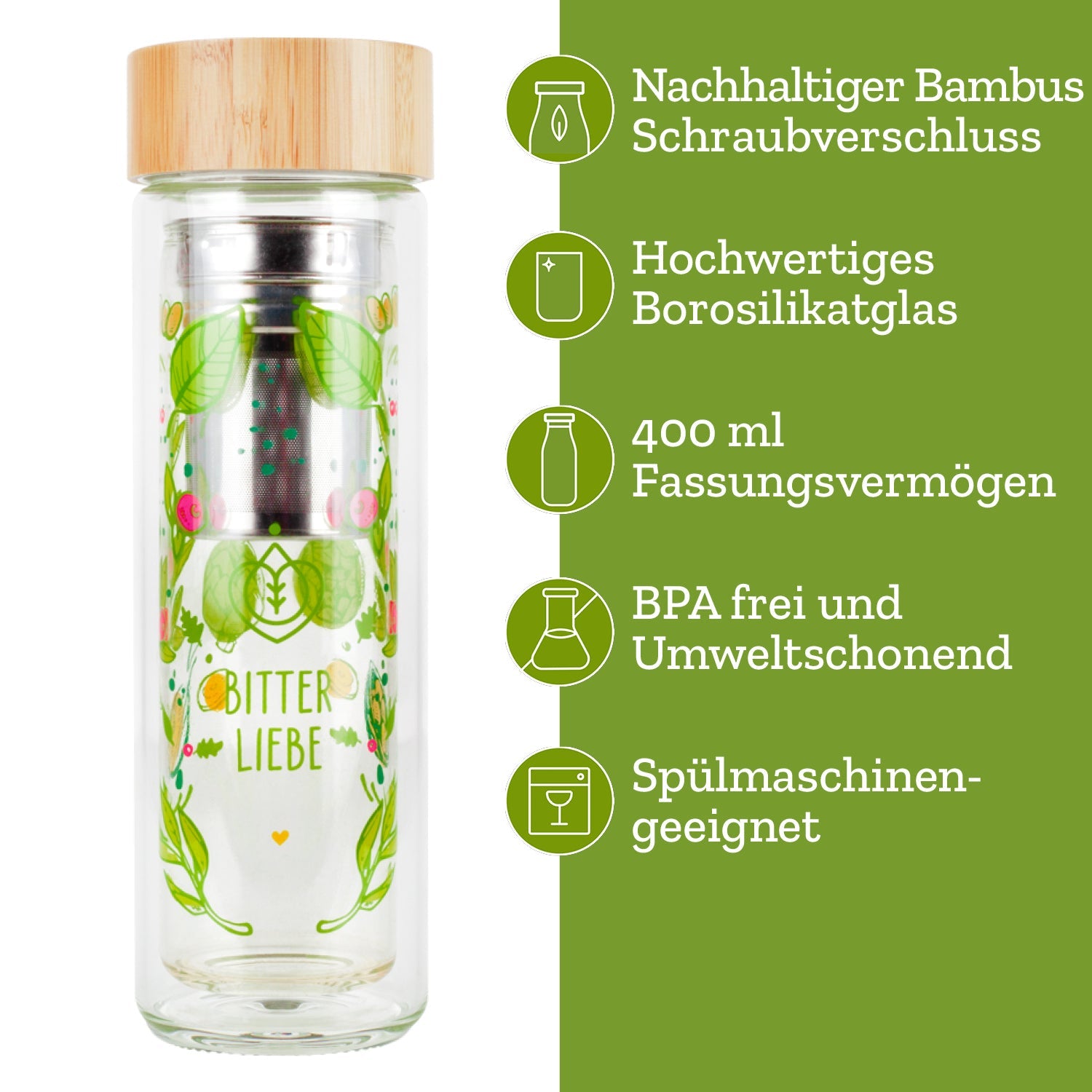 BitterLiebe Trinkflasche mit Teesieb 400ml BL-BC-8